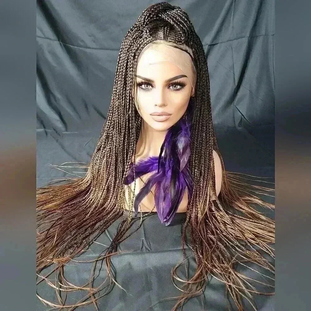 Premium Handmade Auburn Ombre Braided Wig with Box Braids & Cornrows - NWT